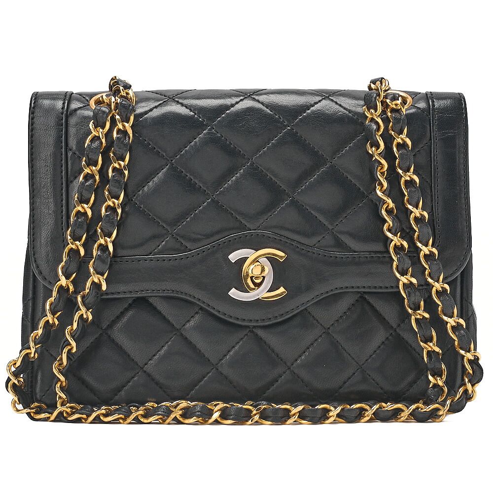 CHANEL シャネル ラムスキン マトラッセ パリ限定 22cm ダブルフラップ ショルダーバッグ 黒（ゴールド金具）ブランド【中古】【送料無料】
