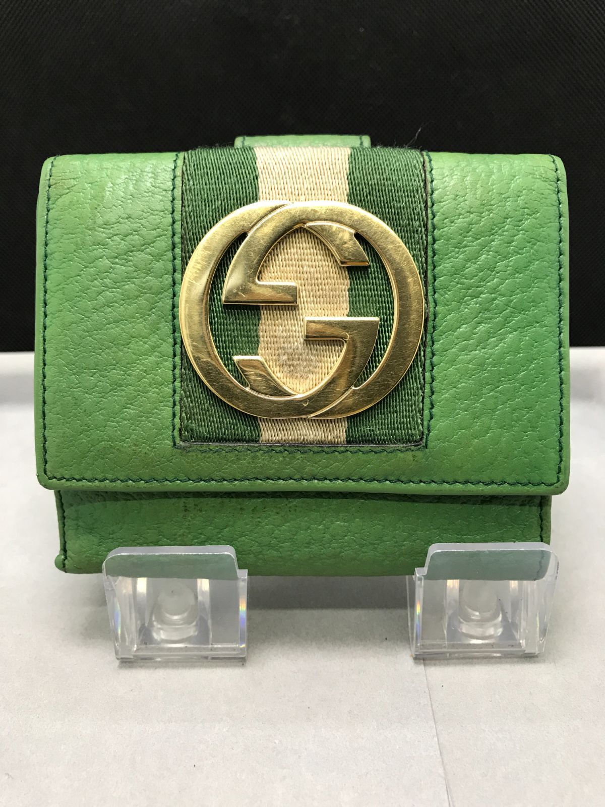 GUCCI　グッチ　三つ折り財布　インターロッキングG　ウェブストライプ　グリーン系　2979