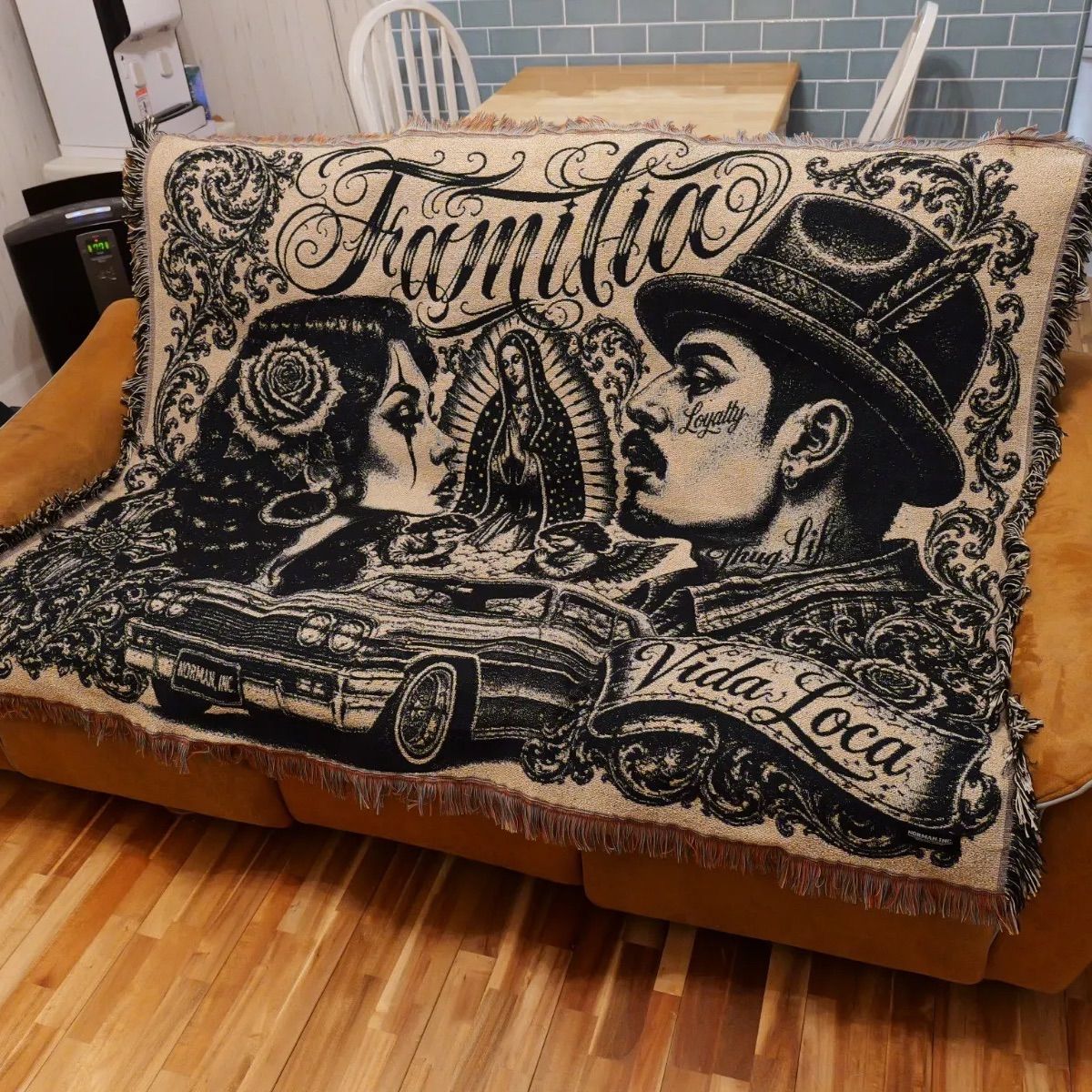 black and gray design ジャガード織 ラグ ブランケット タペストリー　アメトラ　タトゥー　ヴィンテージ　インテリア　キャンプ　アウトドア　アメリカン　アメ車　チカーノ