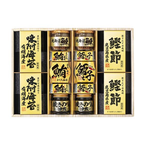 美味之誉 詰合せ 5877-100 内容/鰊フレーク:50g×2･焼きのり佃煮:85g×2･鹿児島県産鰹節:2g×3袋×2･有明海産味付け海苔8切10枚×2･まぐろ油漬け:70g×3･鱈之子味付け:70g（固形量45g）×3《小麦･えび》 8,208円