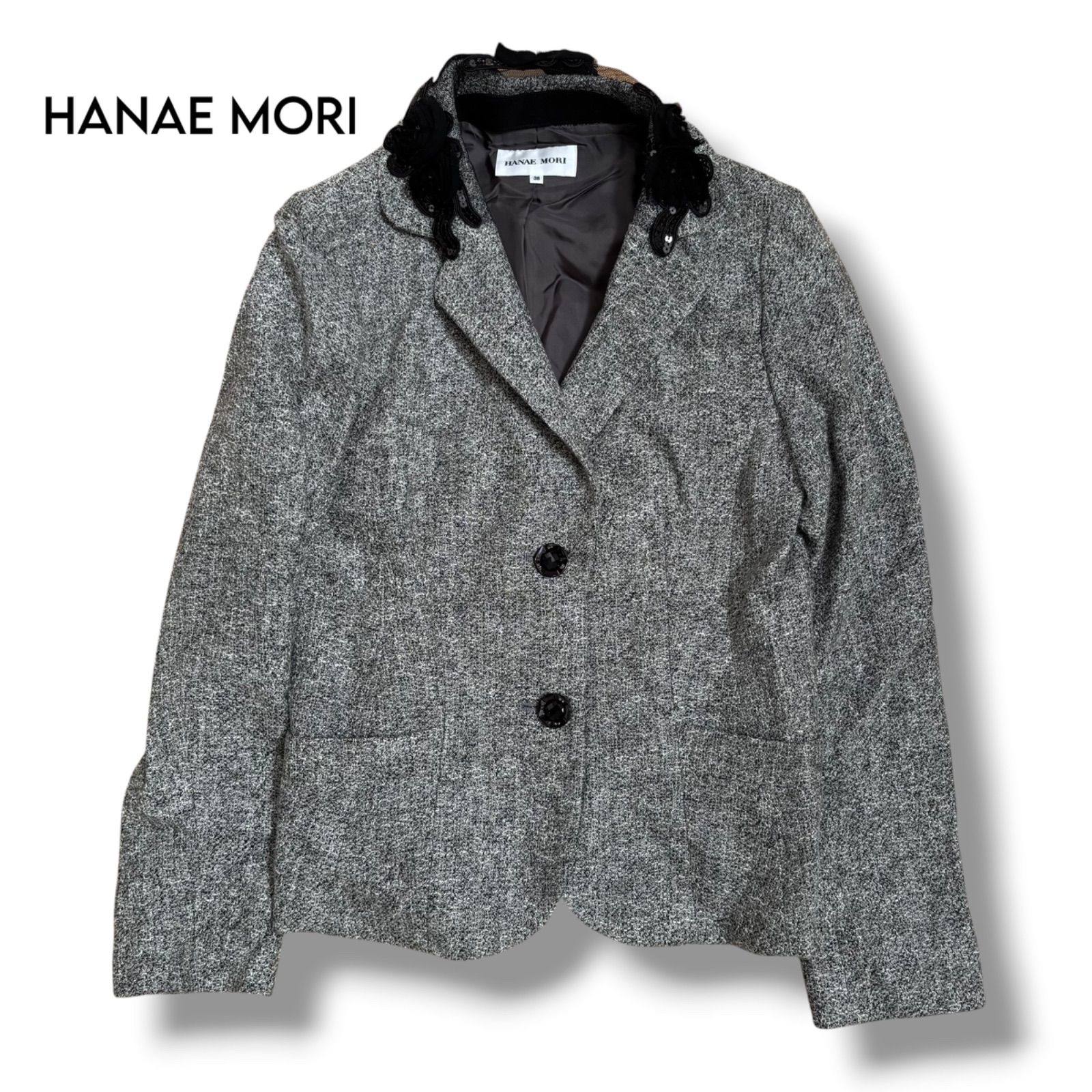 【HANAE MORI】美品　2way 襟取り外し可 スパンコール 花　ジャケット38