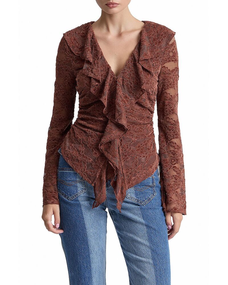 アヴェックレフィーユ レディース アウター カーディガン フリル レース Avec Les Filles Chenille Lace Ruffle Cardigan Top Russet