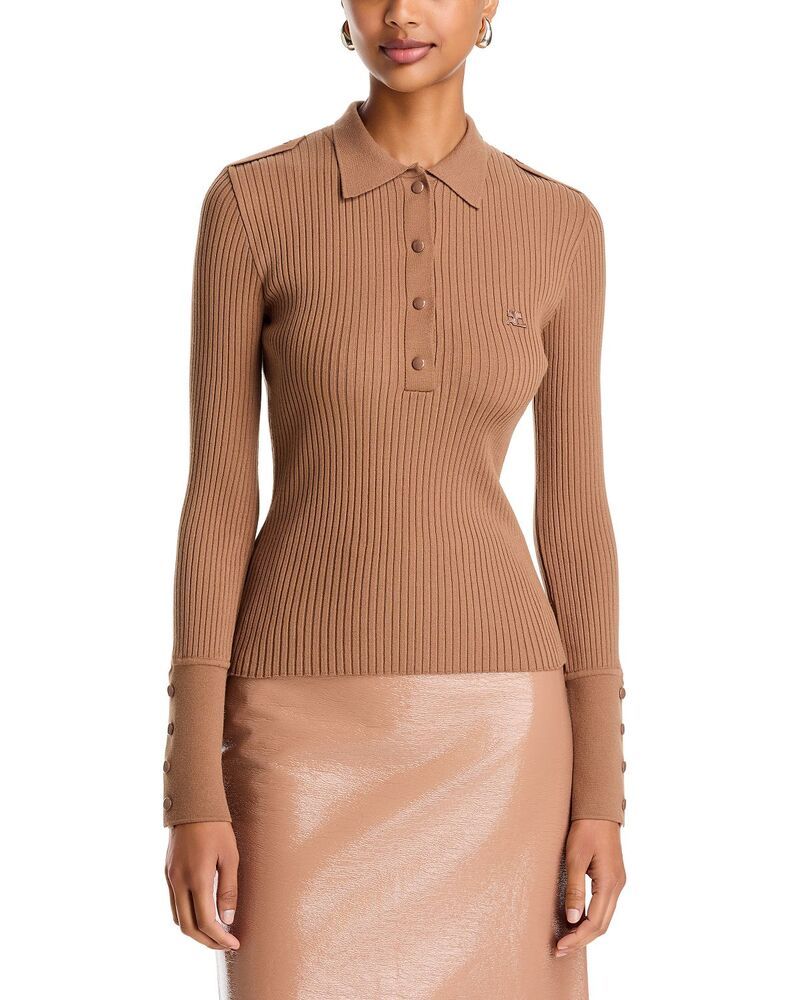 クレージュ レディース アウター ニット・セーター リブニット ポロシャツ Courreges Rib Knit Long Sleeve Polo Sweater Bronzer