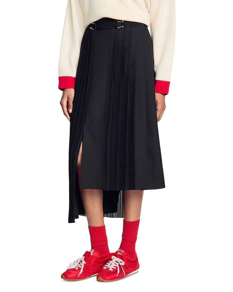 サンドロ レディース ボトムスカート アシンメトリー プリーツ Sandro Long Asymmetrical Pleated Skirt Black ブラック