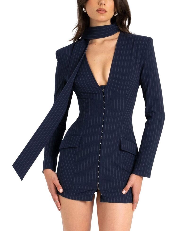 ミスサークル レディース アウター ジャケット・ブルゾン ブレザー Miss Circle Tahlia Deep V Pinstripescarf Collar Blazer Dress Navy