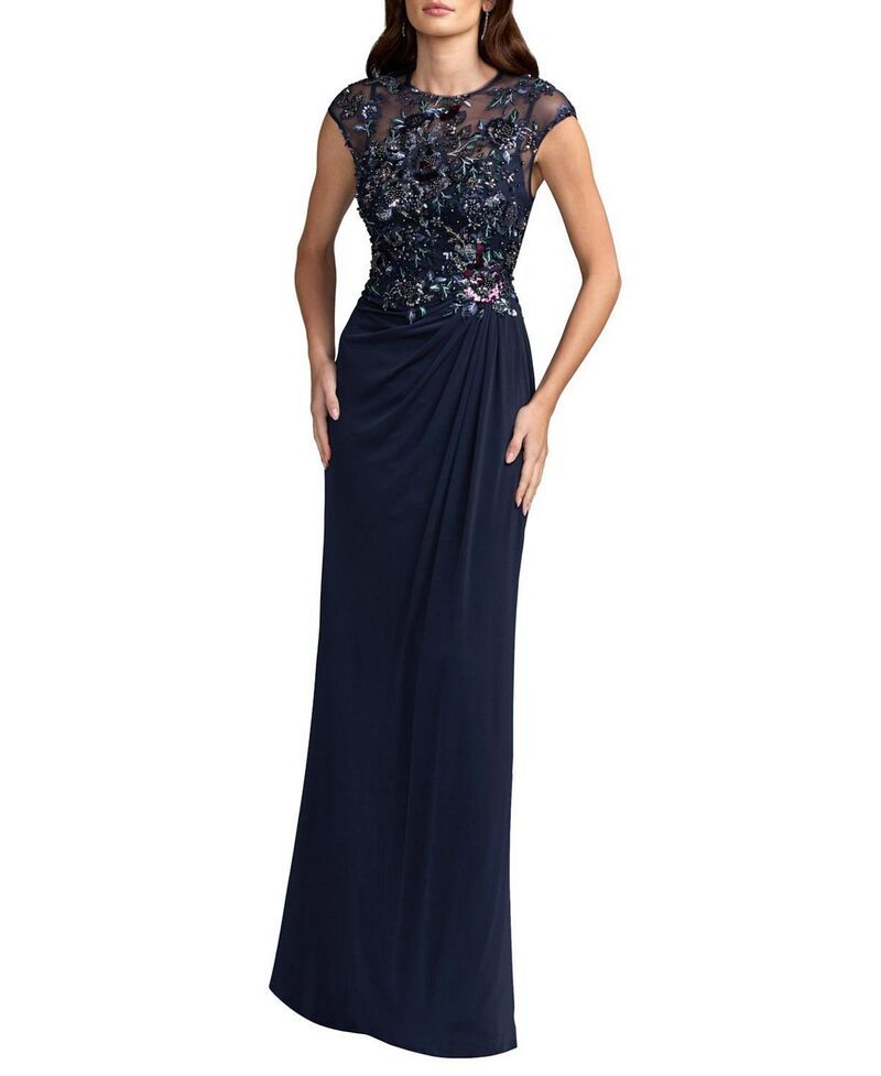 マックダガル レディース トップス ワンピース 刺繍 キャップ ジャージー Mac Duggal Embroide red Cap Sleeve Jersey Gown Midnight Multi