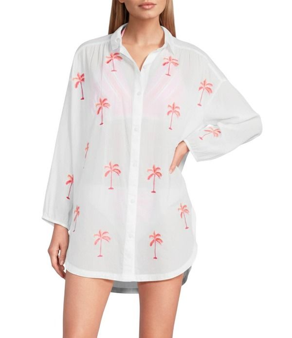 トッミーバハマ レディース トップス シャツ 刺繍 Tommy Bahama Catalina Embroide red Boyfriend Shirt Swim CoverUp Lilachin ラ