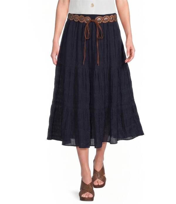 ジョン マーク レディース ボトムスカート ティアード John Mark Woven Textu red Tie red Belted Skirt Navy ネイビー