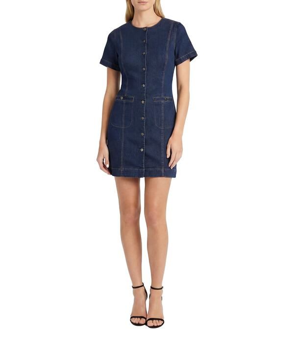 マギーロンドン レディース トップス ワンピース ボタンダウン クルーネック コットン ダウン デニム Maggy London Cotton Denim Short Sleeve Crew Neck