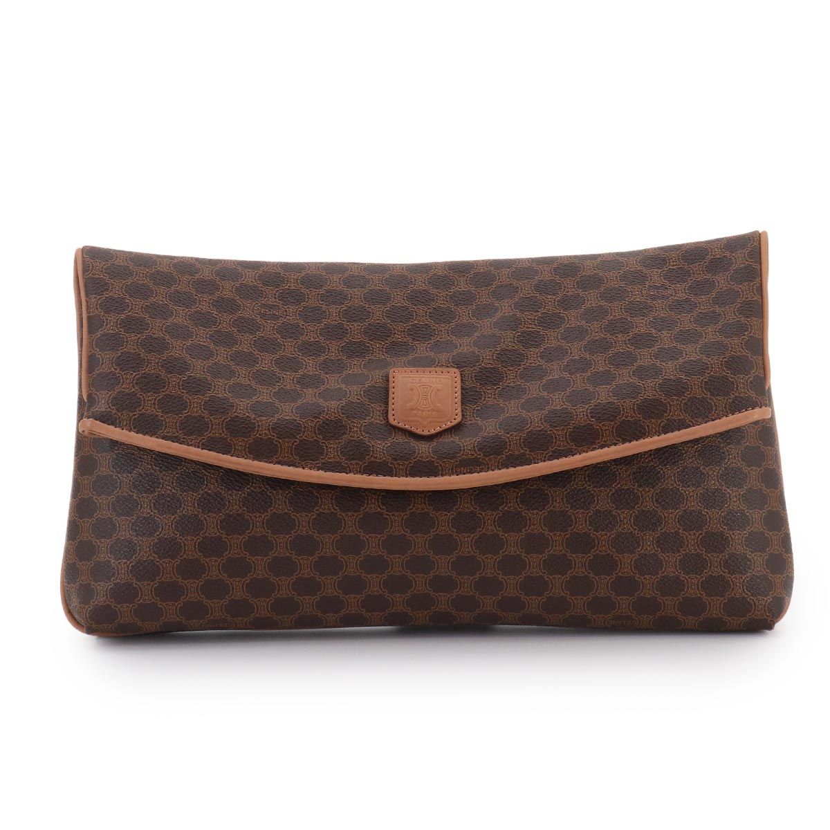 新品同様 セリーヌ CELINE マカダム クラッチ バッグ PVC レザー ブラウン ゴールド 金具 ヴィンテージ Macadam Clutch Bag 90324997
