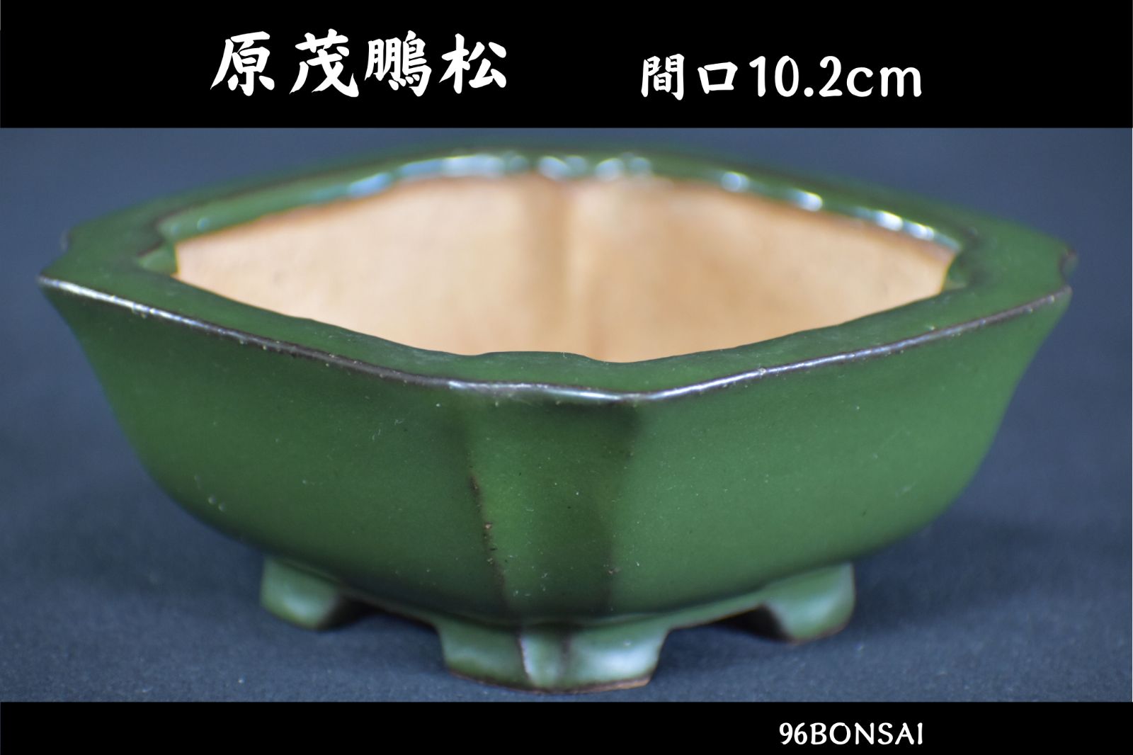 【原茂鵬松】　色味抜群の緑釉隅切正方鉢　間口10.2cm　希少品　人気和鉢作家　盆栽鉢　小品盆栽
