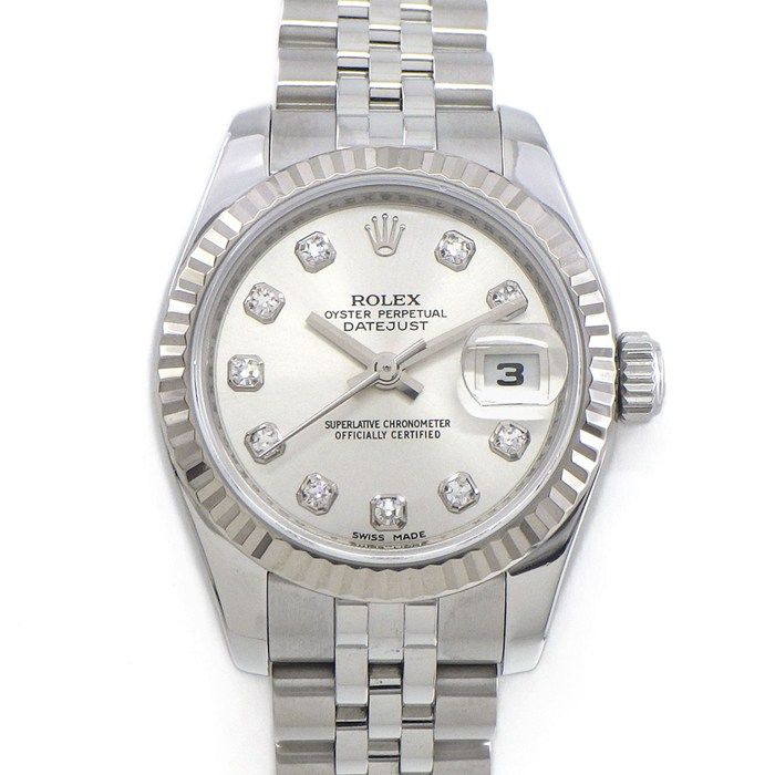 ロレックス Rolex 腕時計 デイトジャスト 179174G 10ポイント ダイヤインデックス サンレイ シルバー文字盤 フルーテッドベゼル ジュビリーブレス K18WG SS 自動巻き 【OH済み】 【箱・保付き】 【中古】 528,000円