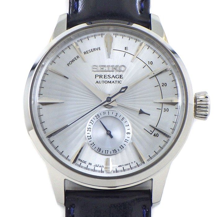 セイコー SEIKO 腕時計 プレサージュ ベーシックライン SARY131/4R57-00E0 カクテルタイム スカイダイビング デイト 裏スケ パワーリザーブ表示 ギョーシェ アイスブルー文字盤 SS ブラック レザーベルト 自動巻き 【中古】 34,320円
