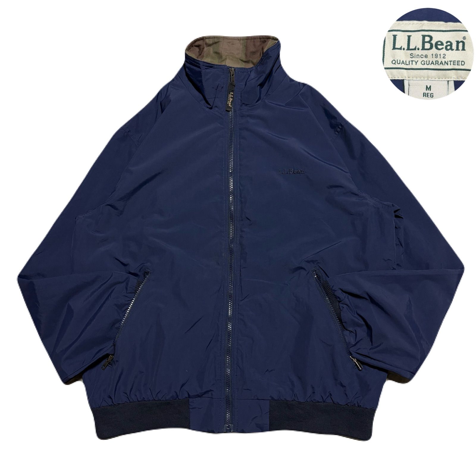 LLBean エルエルビーン Warm-upJacket ウォームアップジャケット LinerCheckPattern 裏地チェック柄 EmbroideredLogo 刺繍ロゴ ShortLength 短丈 Nylon ナイロン Navy ネイビー 紺 M