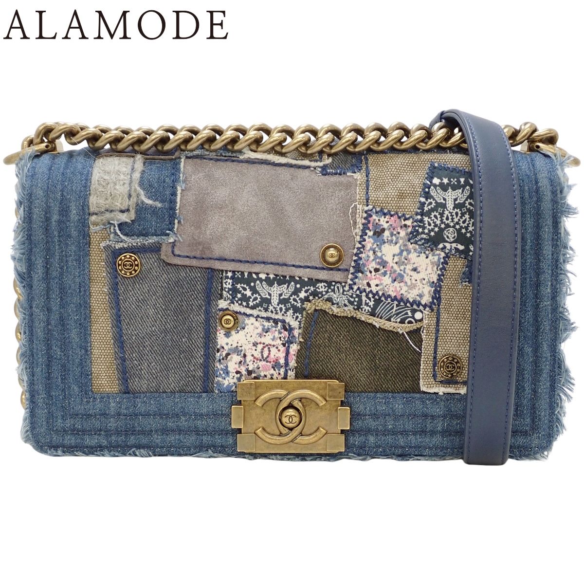 CHANEL(シャネル) ボーイシャネル パッチワーク デニム チェーンショルダーバッグ ショルダーバッグ 肩掛け 斜め掛け デニム ブルー青 ゴールド金具 レディース 40802204989【中古】【アラモード】
