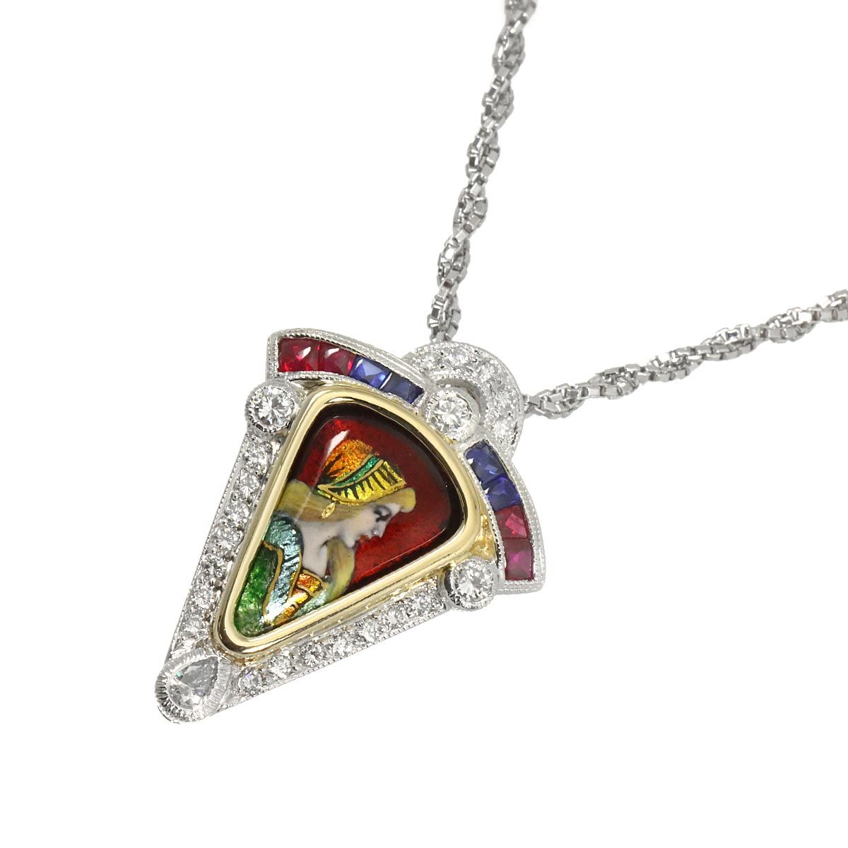 梶光夫 Mitsuo Kaji エマーユ ダイヤ 0.95ct マルチストーン 0.58ct ネックレス 44cm K18 YG Pt 750 プラチナ 作家物 Necklace 90333115