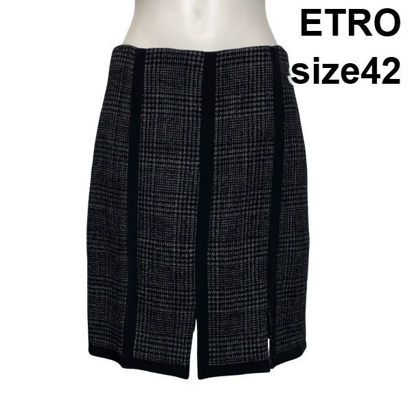 ◆ エトロ ETRO ひざ丈スカート ペンシルスカート タイト チェック柄 切替パネル スリット コットン ウール 42 L 11号 レディース S6I760