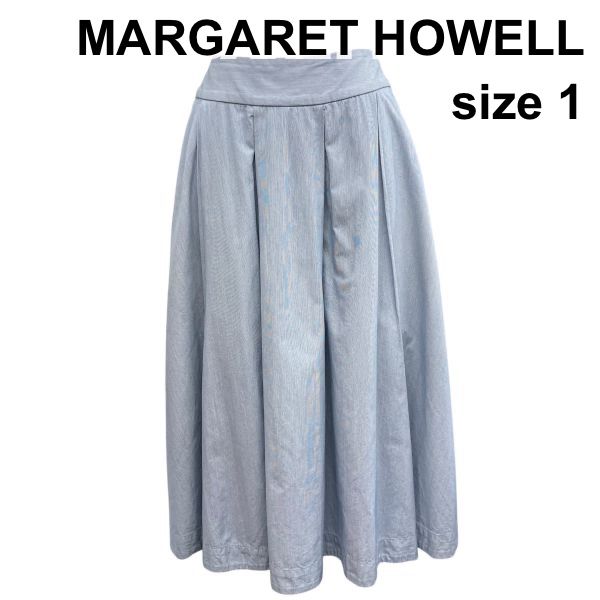 □ マーガレットハウエル MARGARET HOWELL フレアタックスカート ミモレ丈 ウエストヨーク切替 裏地無し 水色 綿 1 S 7レディース Z6C610