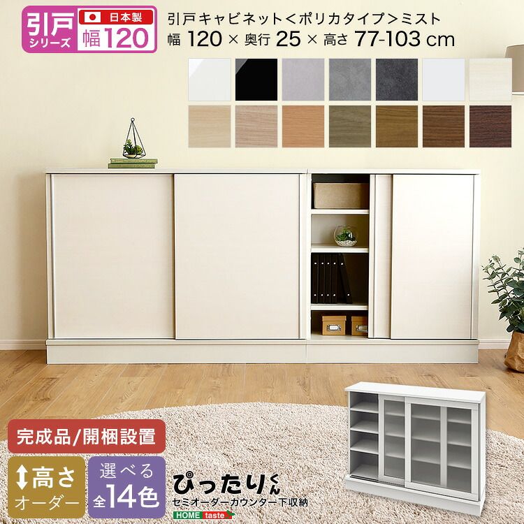 【引戸シリーズ】セミオーダーカウンター下収納ぴったりくん キャビネット(ポリカタイプ ミスト) 幅120cm×奥行25cm(カラー2)