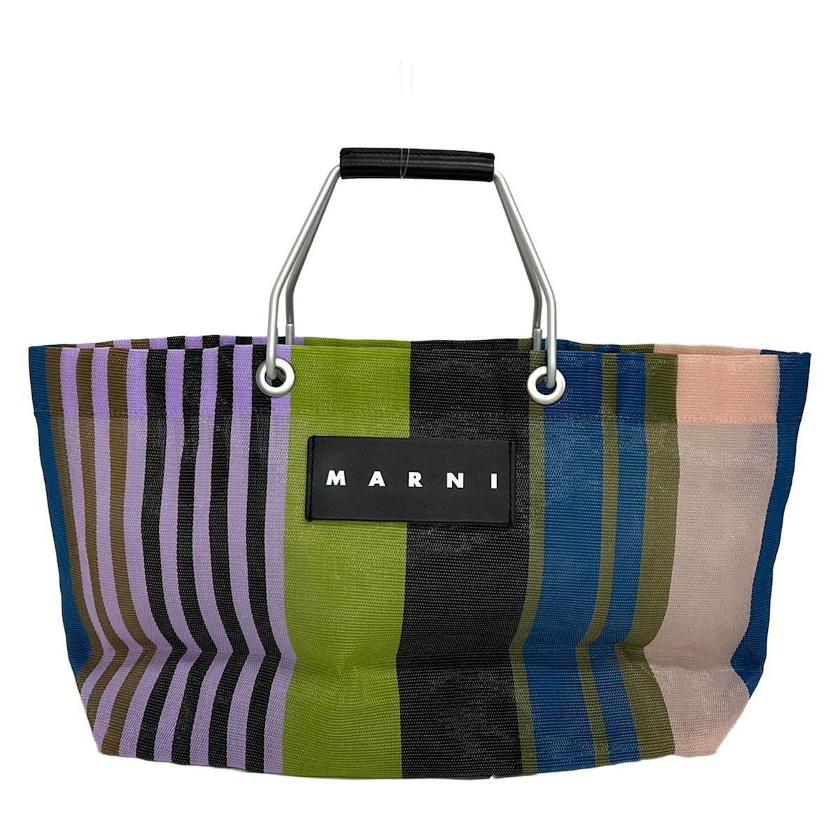 MARNI(マルニ) トートバッグ美品 - 黒×カーキ×マルチ ストライプ