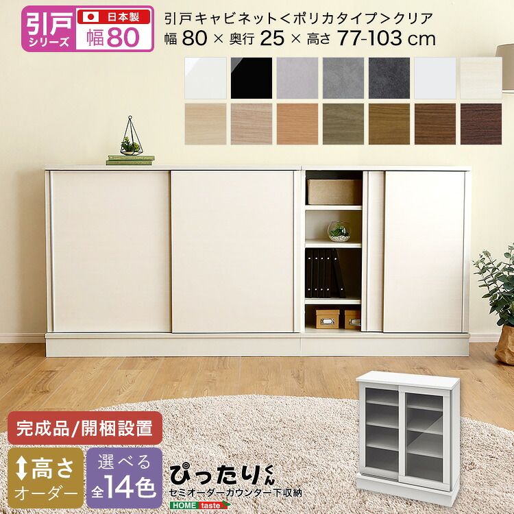 【引戸シリーズ】セミオーダーカウンター下収納ぴったりくん キャビネット(ポリカタイプ クリア) 幅80cm×奥行25cm（カラー2）