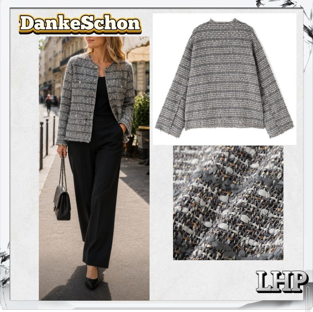 正規品 LHP DankeSchon ダンケシェーン ノーカラージャケット ツイード素材 フラップポケット グレーカラー