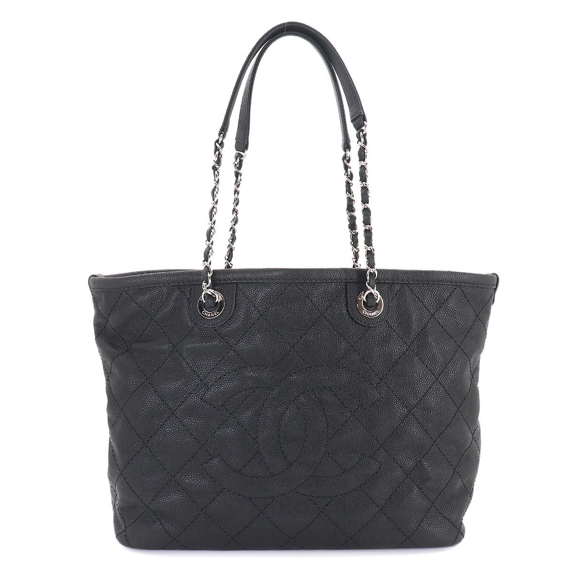 新品同様 シャネル CHANEL マトラッセ チェーン トート バッグ キャビアスキン ブラック A92754 シルバー 金具 ポーチ付き 90331348