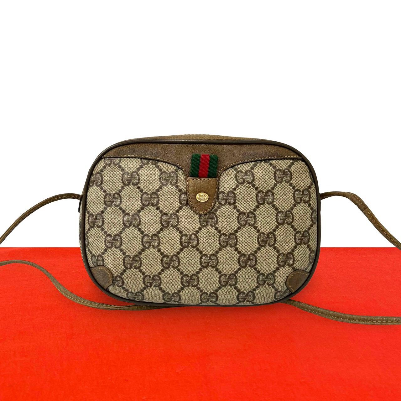 極 美品 GUCCI グッチ オールドグッチ ヴィンテージ シェリーライン GG ロゴ 金具 レザー ショルダーバッグ ポシェット ブラウン 454-6 30,680円