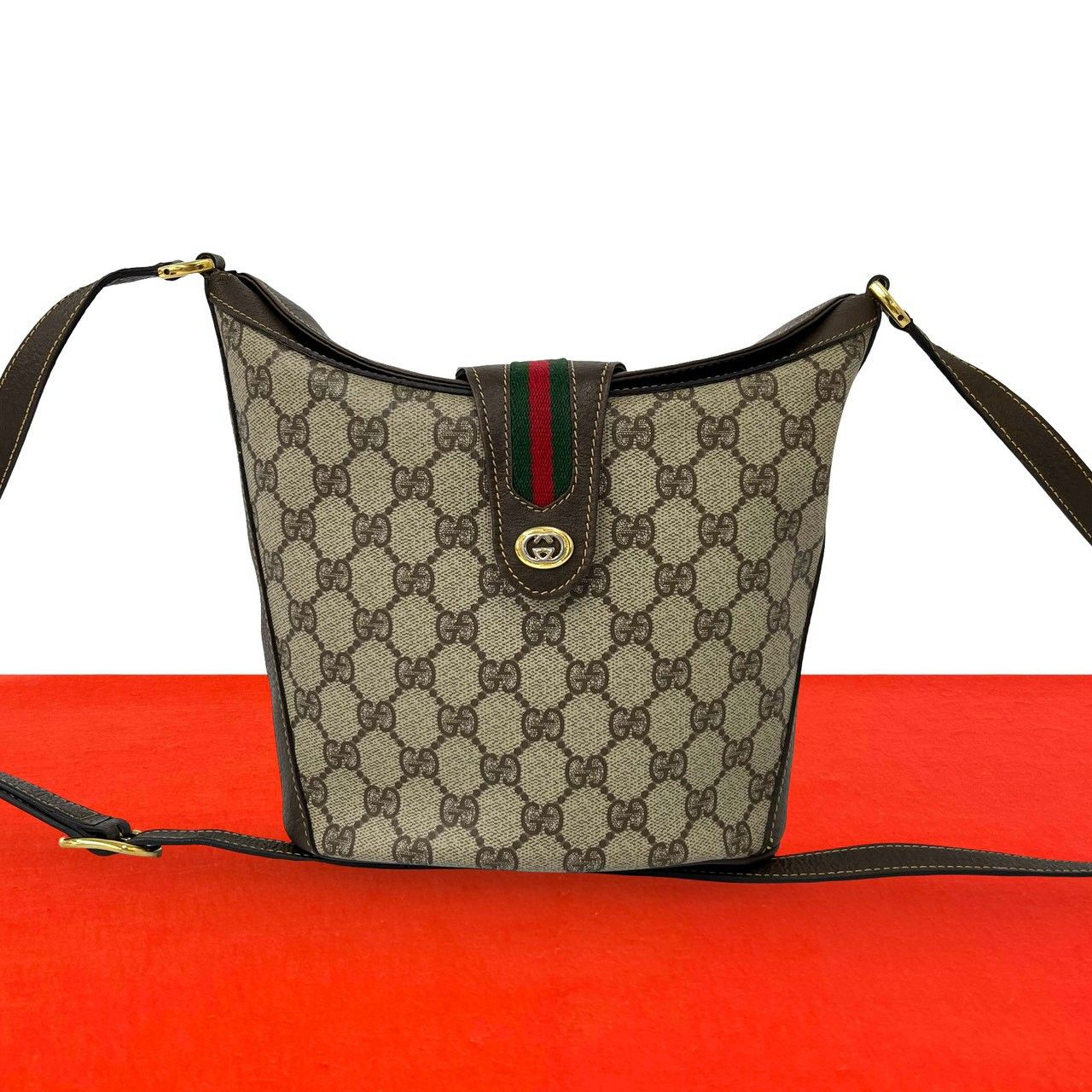 極 美品 GUCCI グッチ オールドグッチ ヴィンテージ シェリーライン GG ロゴ 金具 レザー ショルダーバッグ ポシェット ブラウン 66978