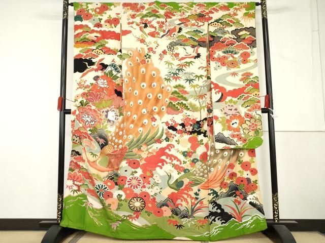 平和屋本店●アンティーク　大正ロマン　振袖　駒刺繍　孔雀飛鶴松竹梅文　金糸　金彩　正絹　逸品　AABL7796cs 49,140円