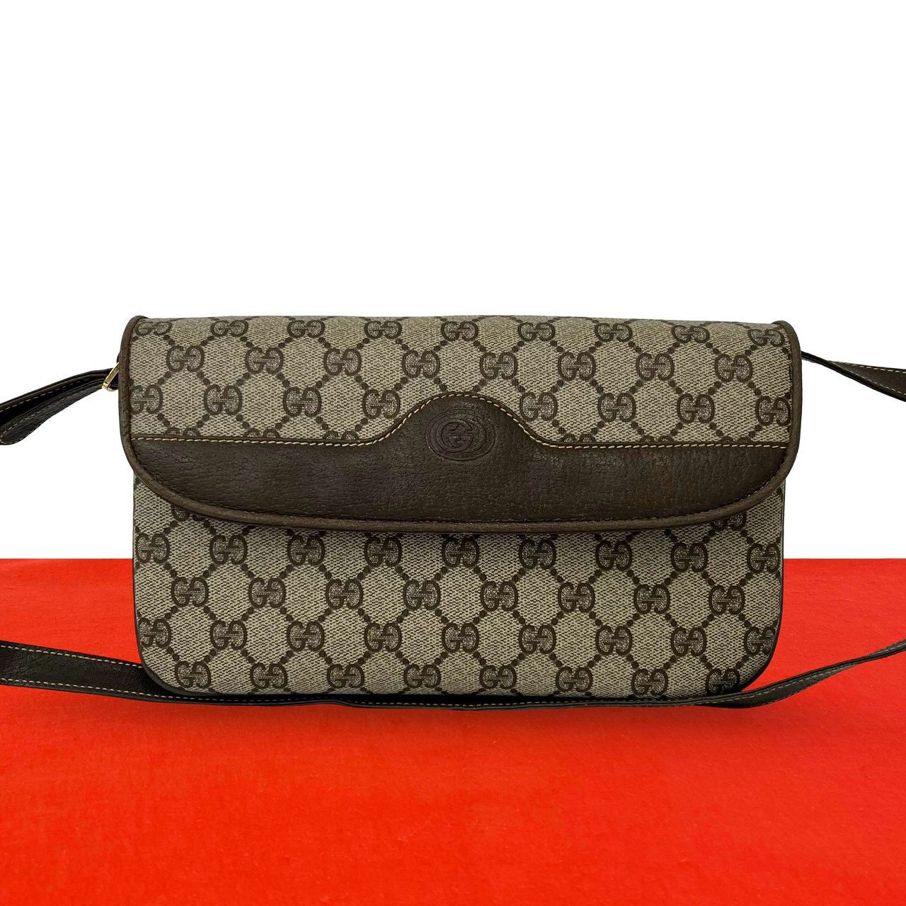 極 美品 GUCCI グッチ オールドグッチ ヴィンテージ GG 柄 ロゴ 金具 レザー ショルダーバッグ ポシェット サコッシュ ブラウン 20432