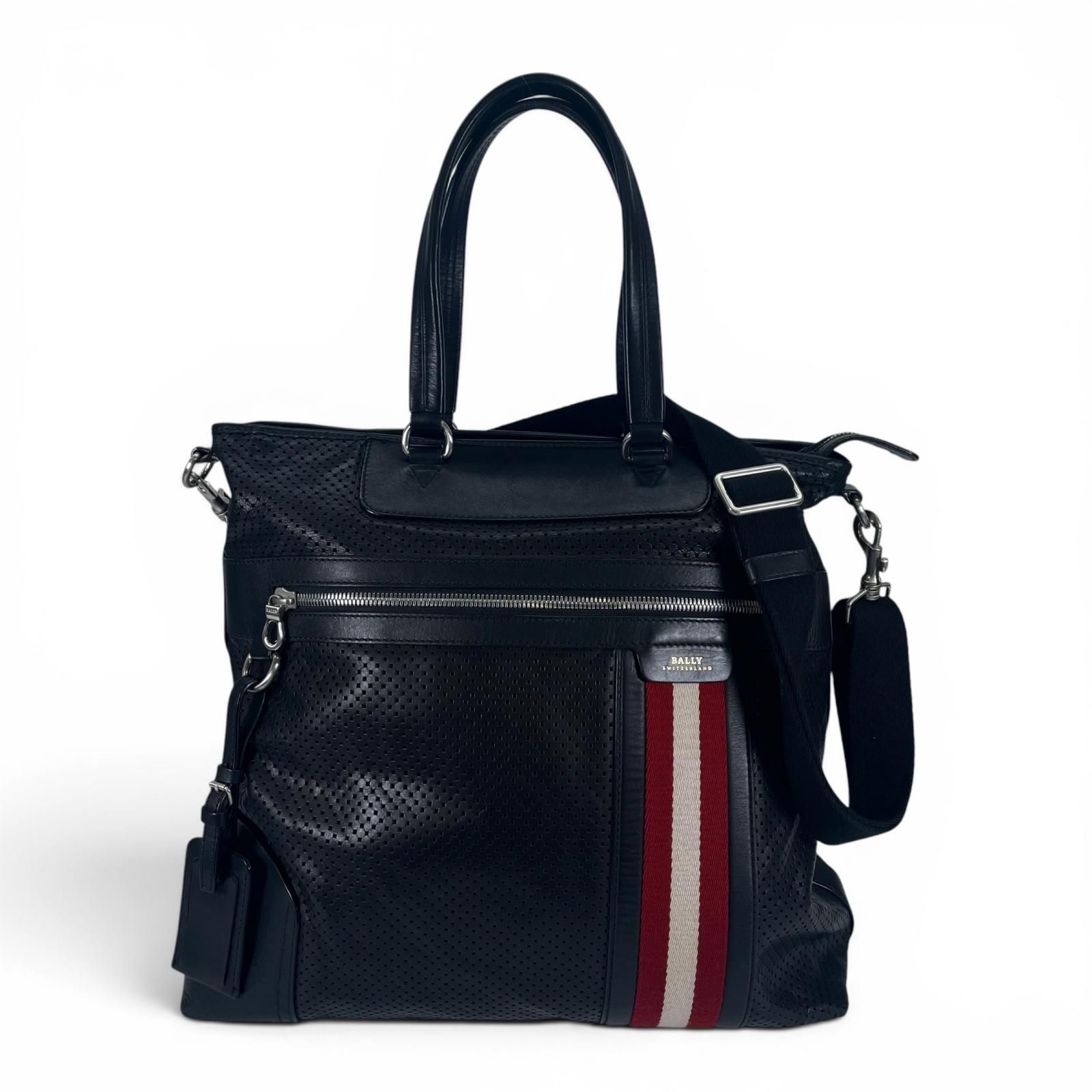 美品▲BALLY バリー OTHAMAR-LG カーフレザー パンチング ストライプ 2WAY トートバッグ ショルダーバッグ ブラック スイス製 メンズ 21,600円