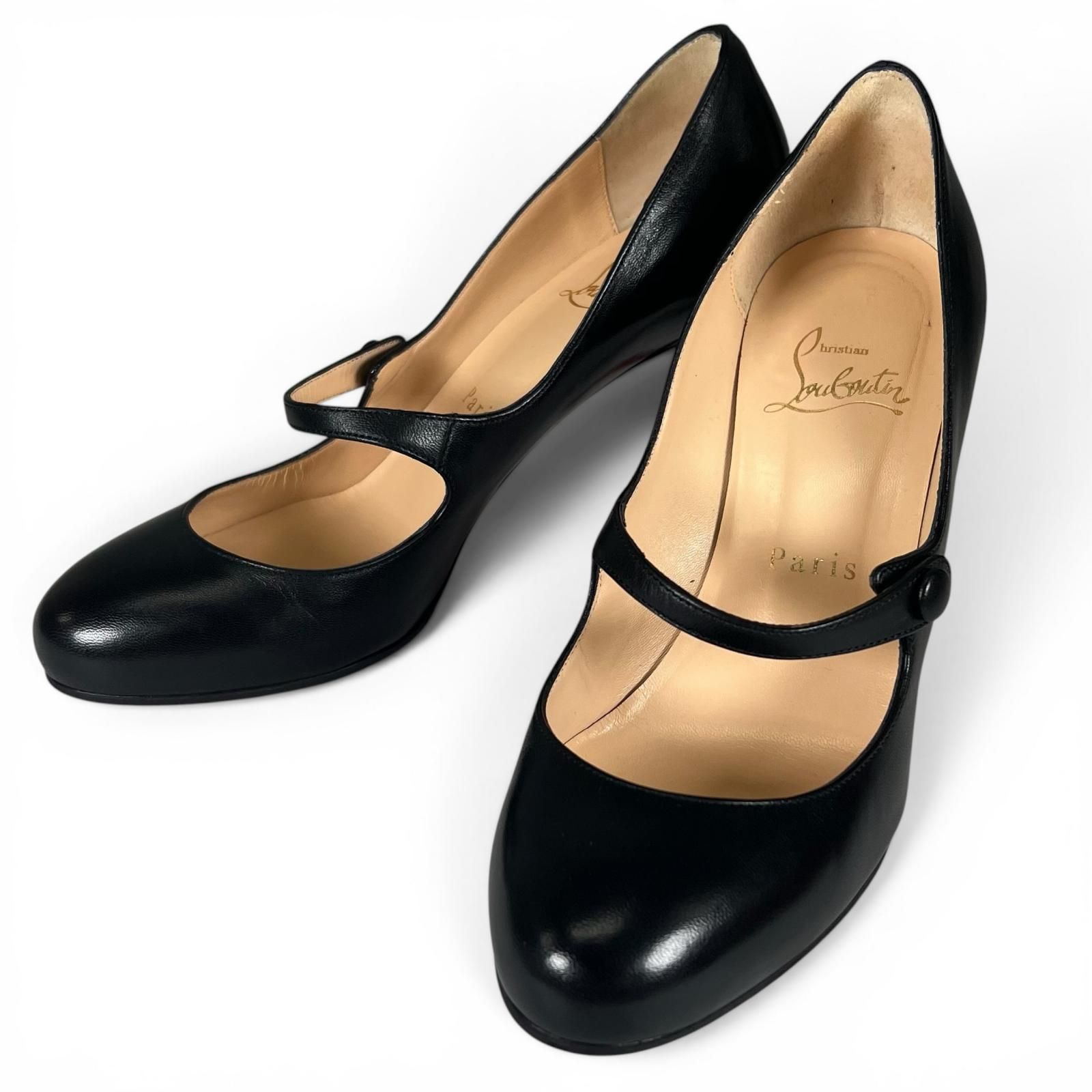 美品▲Christian Louboutin クリスチャンルブタン CHARLEEN 85 KID メリージェーン ストラップ レザーパンプス ブラック 36 箱・保存袋付