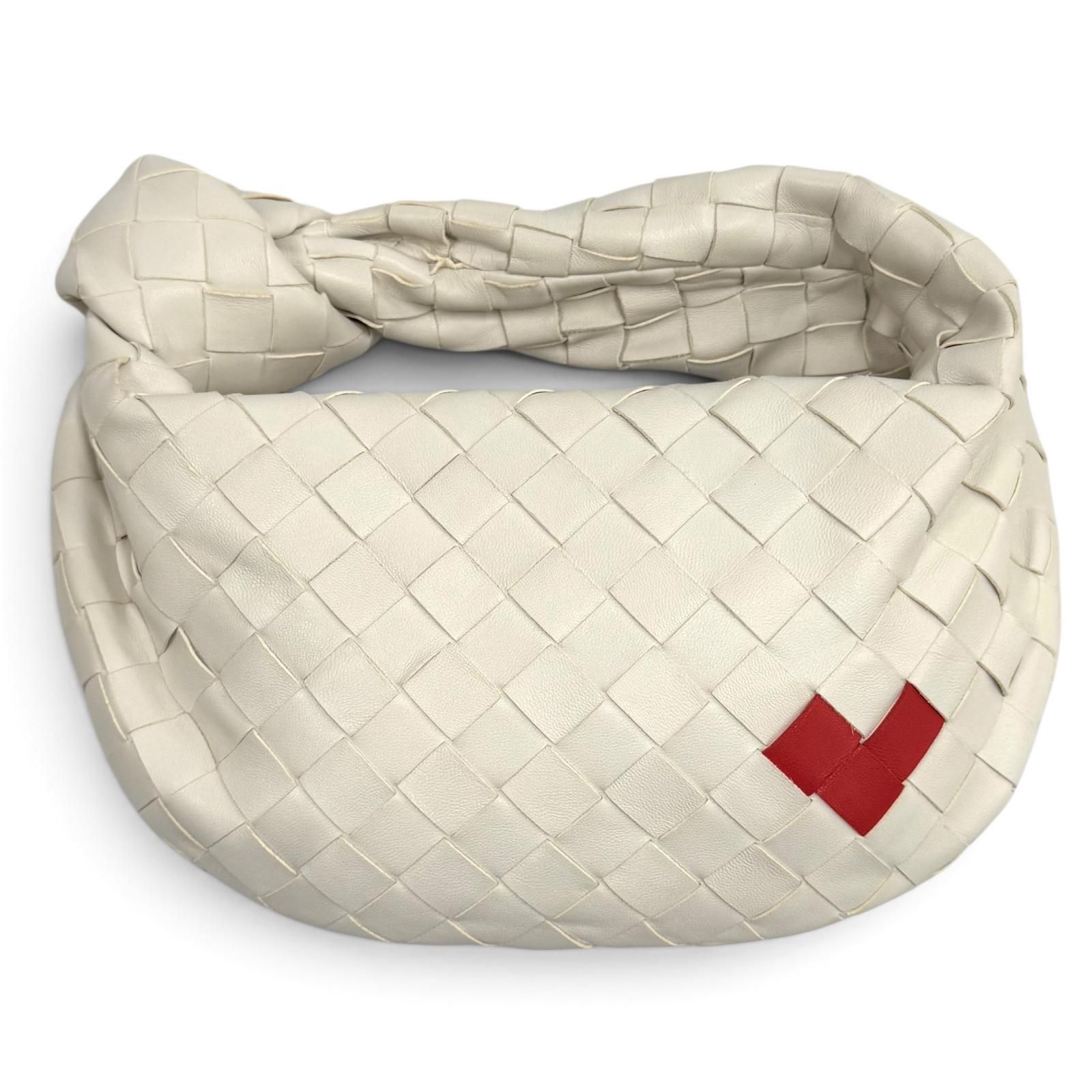 美品★BOTTEGAVENETA ボッテガヴェネタ 777607 ミニ ジョディ ハート イントレチャート レザー ハンドバッグ ホワイト レッド 伊製