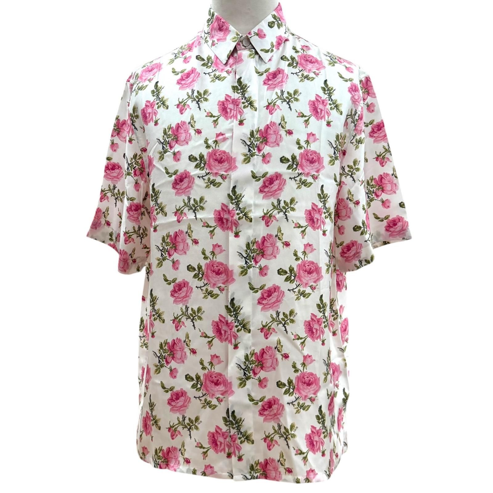 極美品▼DIOR ディオール オム 193C545A5630 シルク100% フラワーロゴプリント ショートスリーブ 比翼仕立 半袖シャツ 39 正規品 メンズ