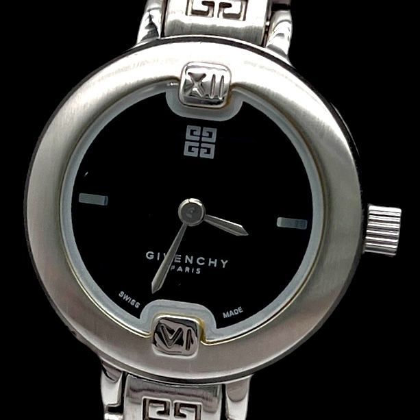 新品電池 稼働品 GIVENCHY ジバンシー レディース腕時計 クォーツ QZ 2針 SS 黒文字盤 シルバー ヴィンテージ