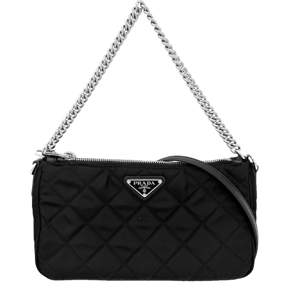 プラダ 2WAY レディース キルティング ハンドバッグ ショルダーバッグ 肩掛け 斜め掛け トライアングルロゴ PRADA 1BH026 ナイロン レザー ブラック 黒 シルバー金具 美品【中古品】