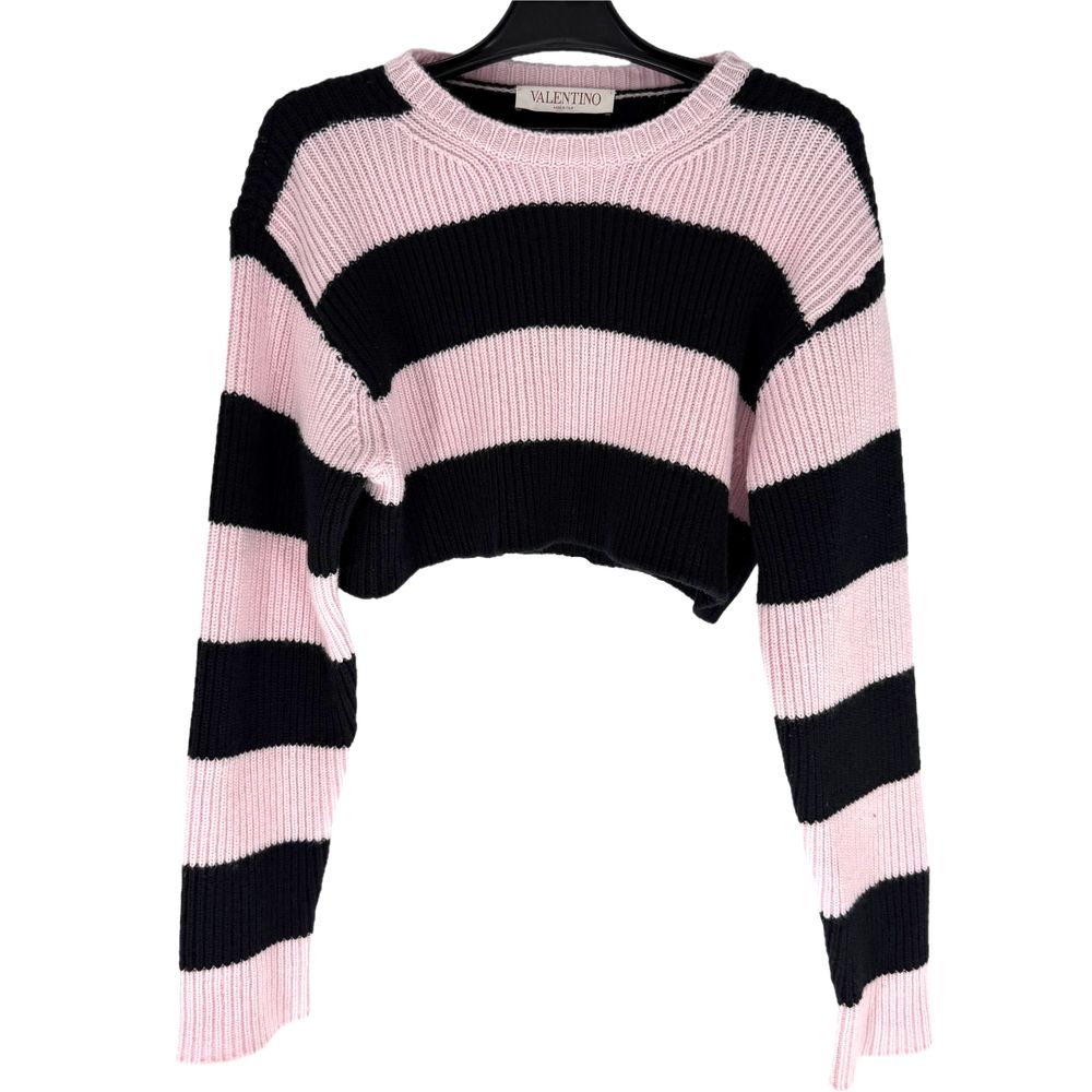 ヴァレンティノ・ガラヴァーニ ニット レディース ボーダー 服 アパレル クロップド丈 XXS セーター Valentino Garavani ブラック 黒 ピンク ウール 秋 冬 美品【中古品】