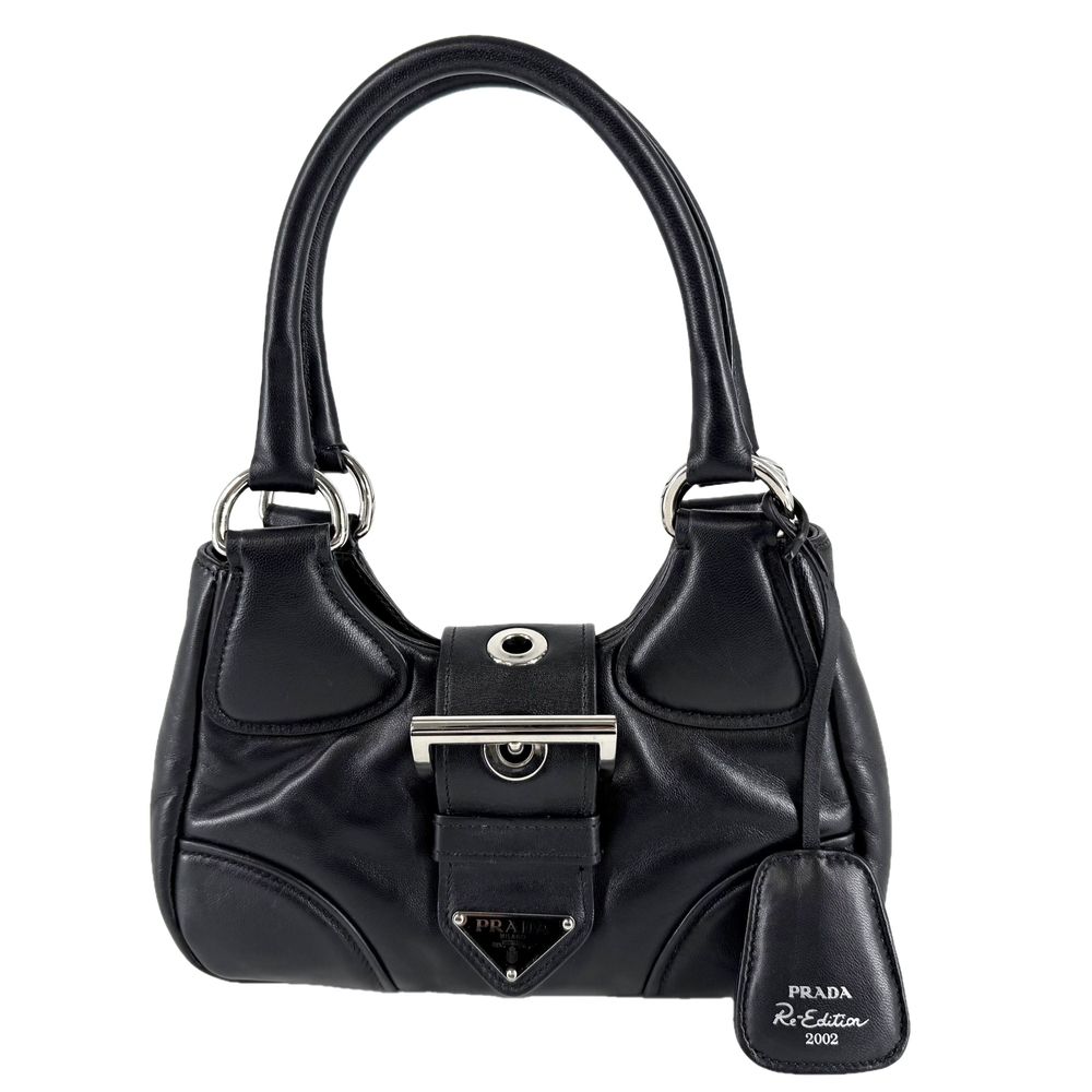 プラダ ハンドバッグ レディース トライアングルロゴ ムーンバッグ ミニバッグ PRADA 1BA381 レザー ブラック 黒 シルバー金具【中古品】