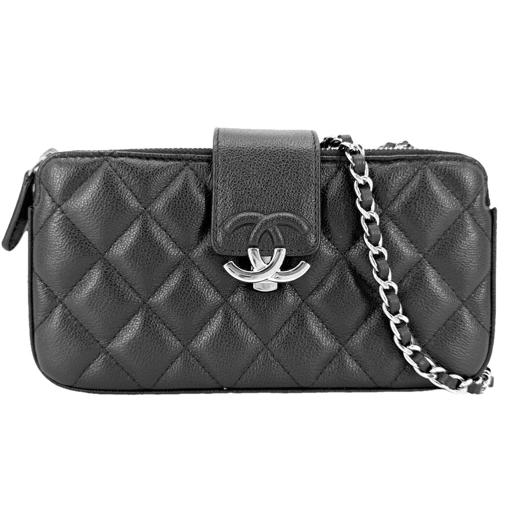 シャネル チェーンウォレット レディース マトラッセ ココマーク ショルダーバッグ 斜め掛け 長財布 CHANEL キャビアスキン ブラック 黒 シルバー金具【中古品】