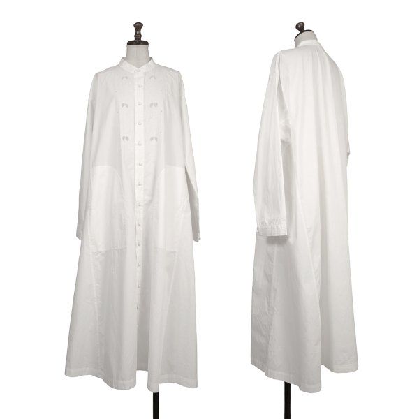 イッセイミヤケ ハートISSEY MIYAKE HaaT 刺繍デザインバンドカラーシャツワンピース 白2