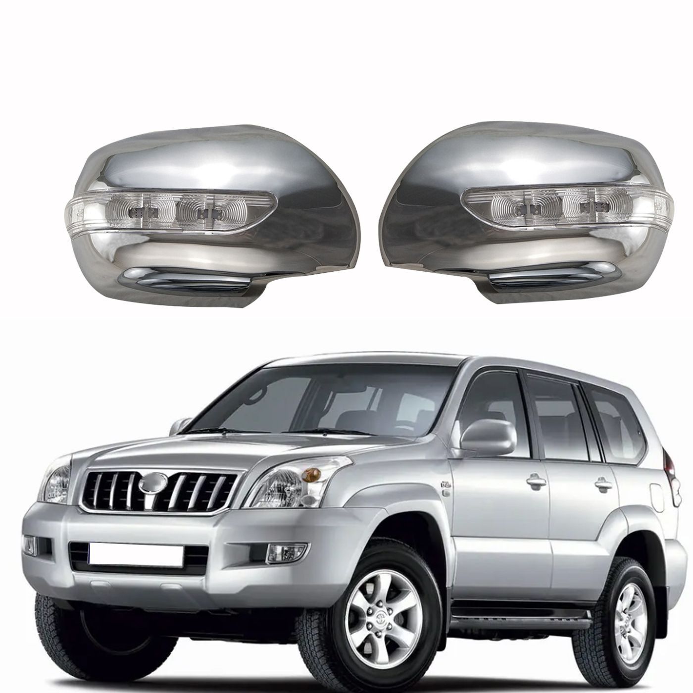 トヨタ 4RUNNER・ハイエース・プラド FJ120対応 ドアミラーカバー LED付き 左右2枚セット メッキシルバー ABS製 サイド外装アクセントパーツ