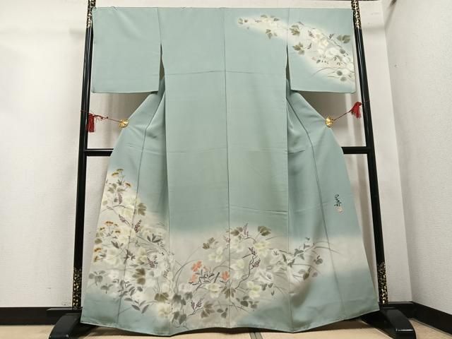 平和屋着物●訪問着　作家物　手描き　草花文　暈し染め　正絹　逸品　AABL7384ph
