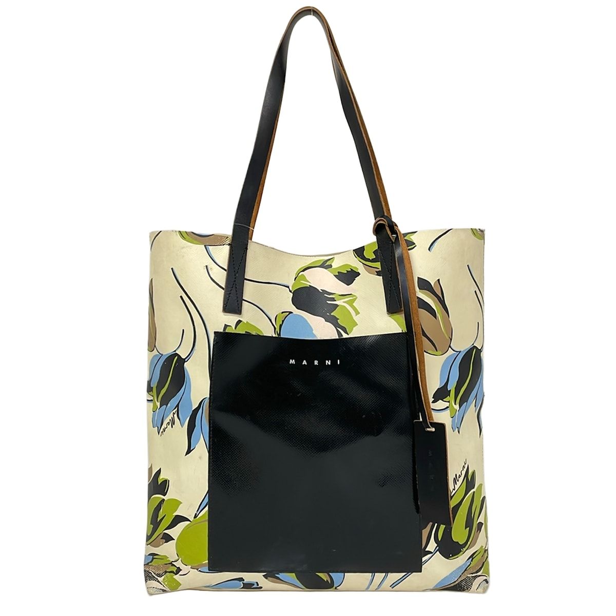 MARNI(マルニ) トートバッグ トライベッカ アイボリー×黒×マルチ 花柄 レザー