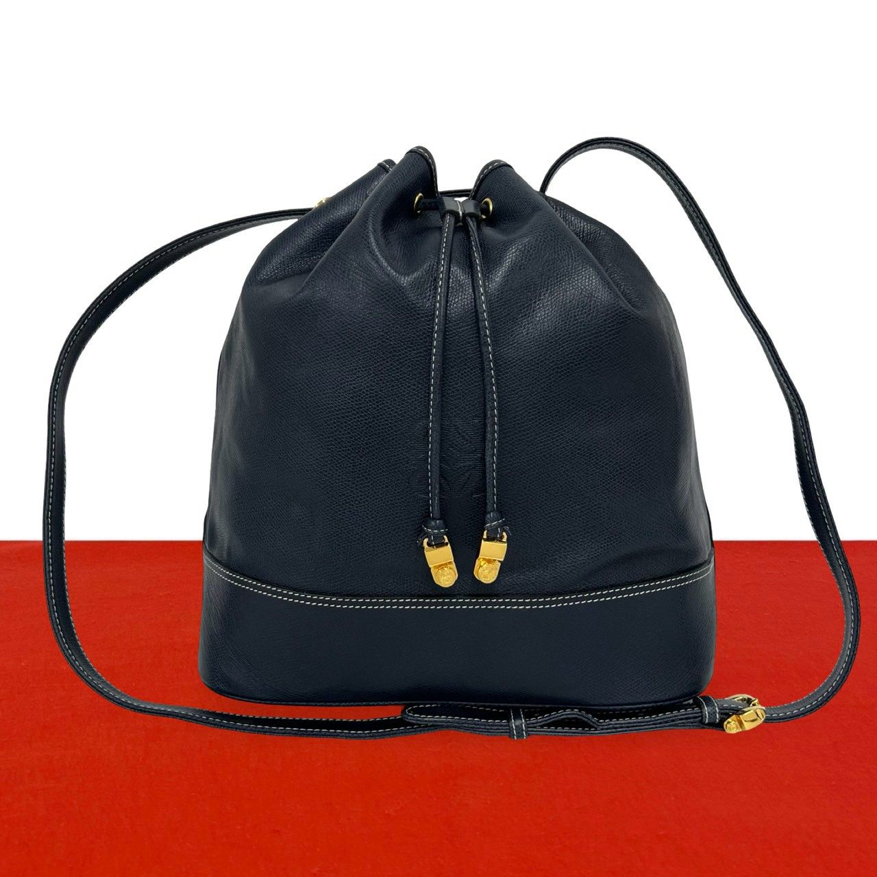 極 美品 LOEWE ロエベ ヴィンテージ アナグラム ロゴ レザー 本革 巾着 セミ ショルダーバッグ クロスボディバッグ ネイビー 94916
