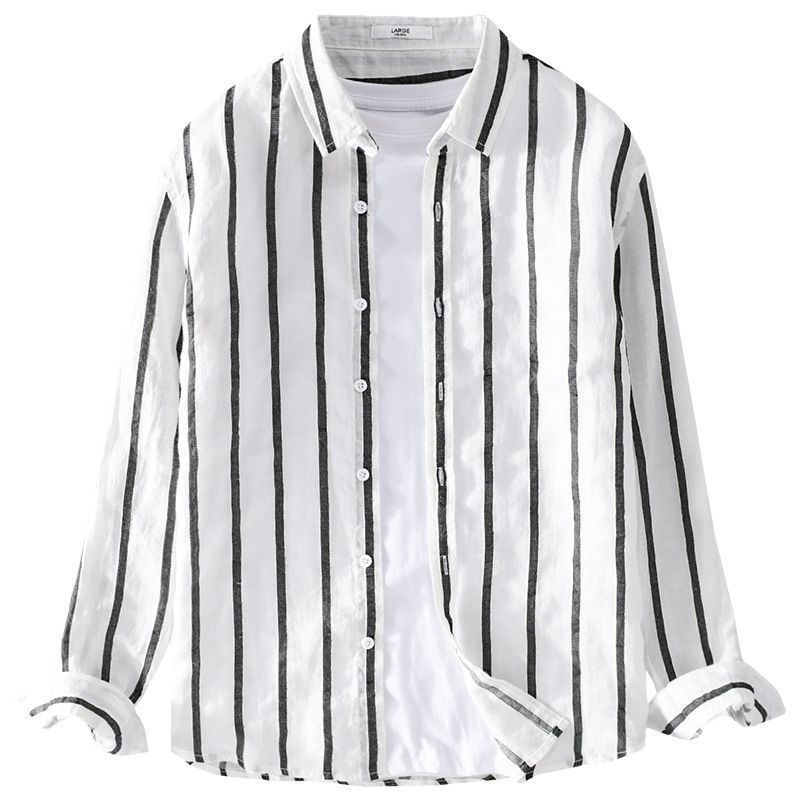 リネンシャツ 長袖シャツ メンズ亜麻 Tシャツ 新品 綿麻シャツ上質ストライプ柄