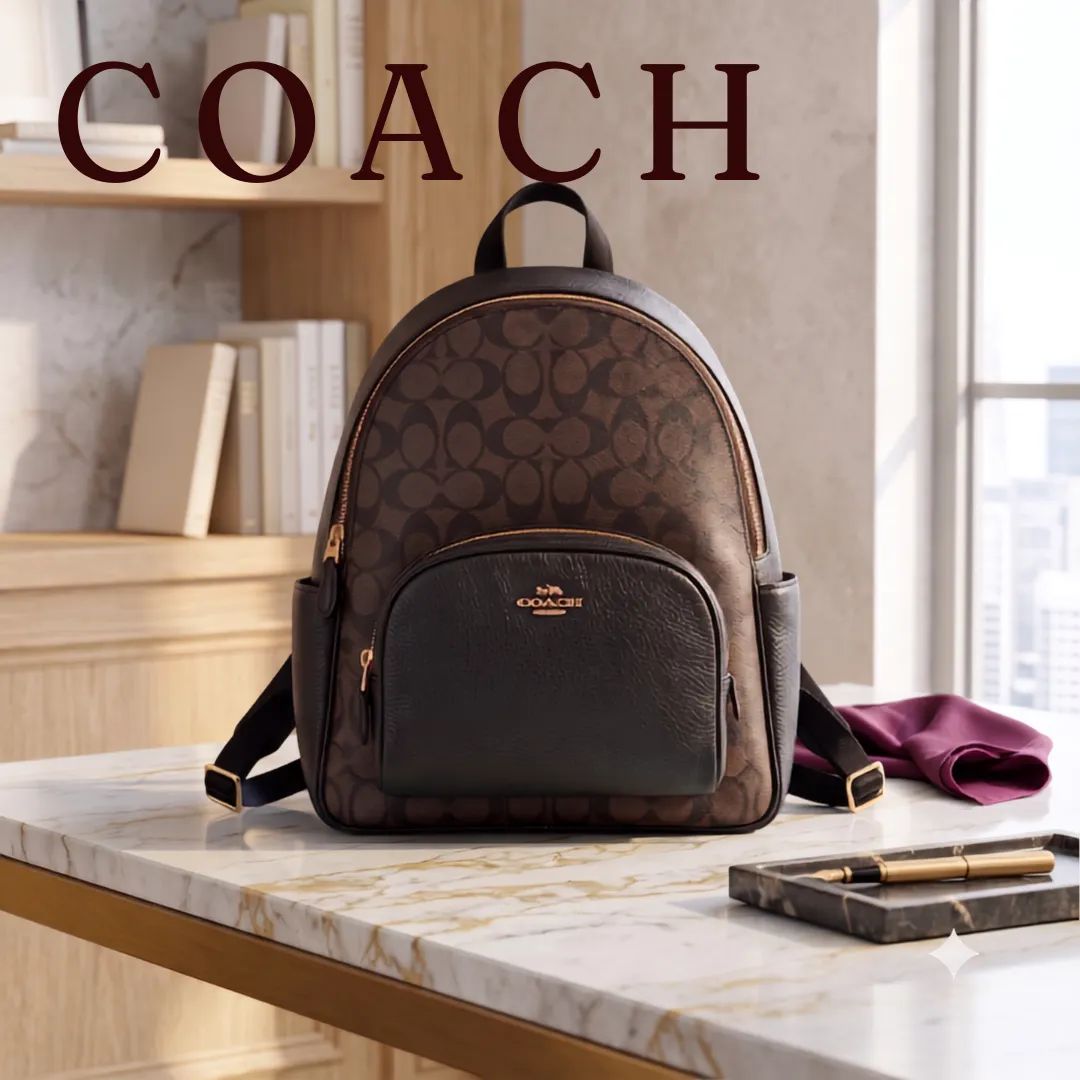 COACHコーチ リュック シグネチャー レザー PVC ダークブラウン 黒