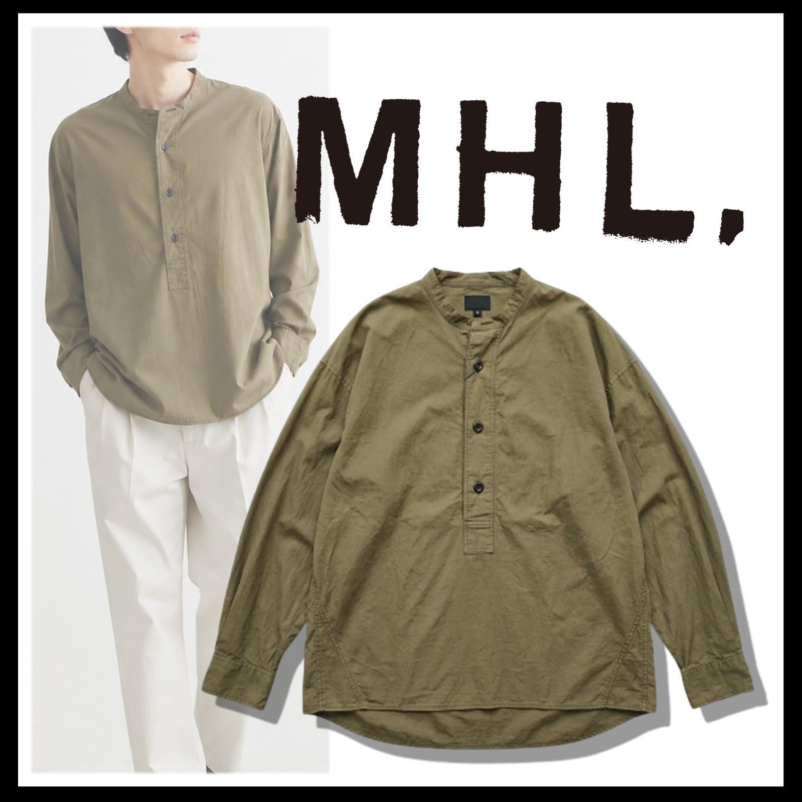 新品 未使用 MHL. コットンリネン プルオーバーシャツ バンドカラー オリーブ S【MARGARET HOWELL】マーガレットハウエル M55