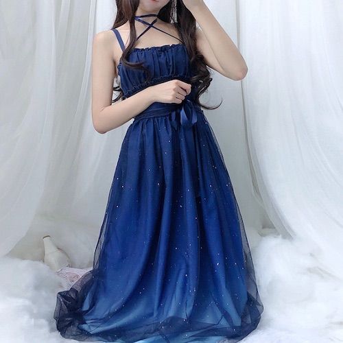 ロングワンピース 星空 グラデーション ドレス レディース キャミワンピ マキシ丈 プリンセス 姫系 ロリータ ゴシック フェアリー コスプレ イベント 撮影 衣装 発表会 パーティー おしゃれ かわいい ブルー リボン 星空風 ワンピース