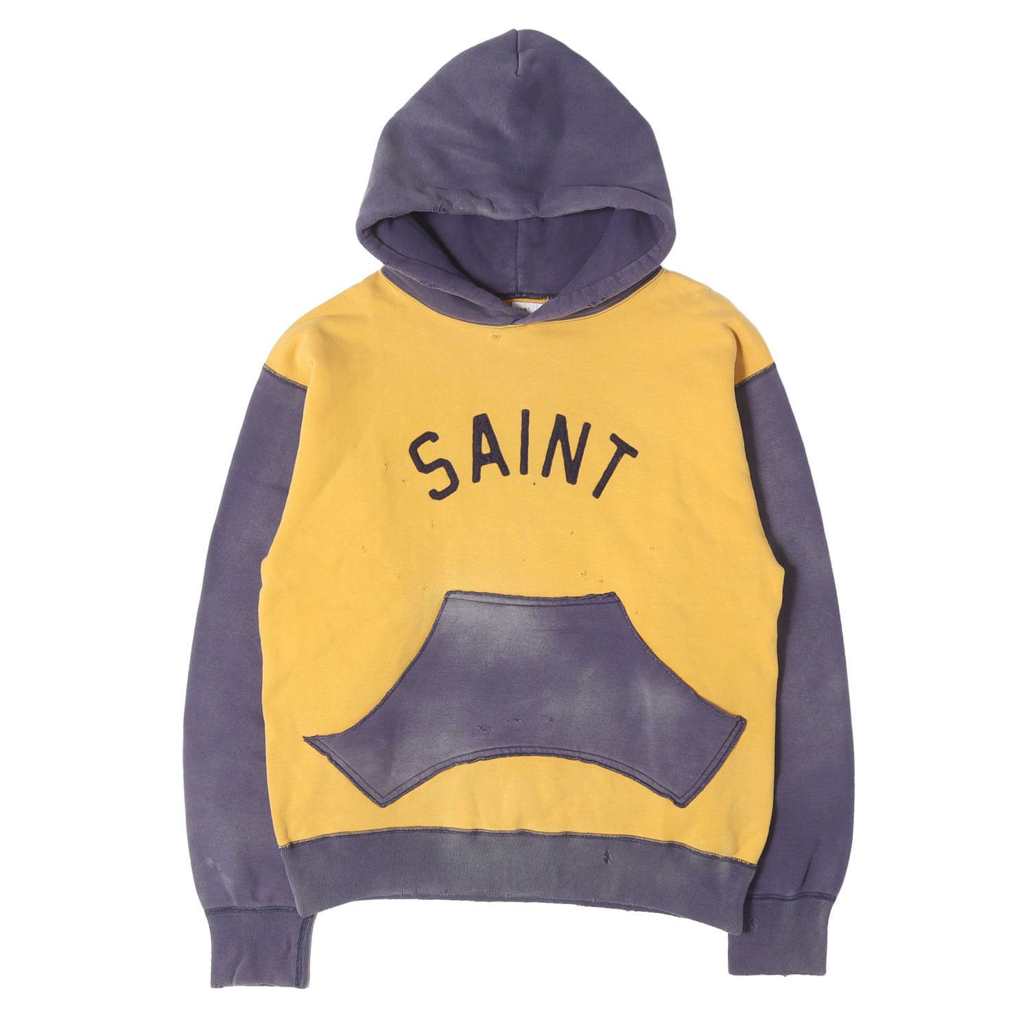 SAINT MICHAEL セントマイケル パーカー ネイビー イエロー L 21AW ヴィンテージ加工 フェルトロゴ スウェットパーカー HOODIE FELT SM-A21-0000-035 トップス フーディー プルオーバー【メンズ】【中古】